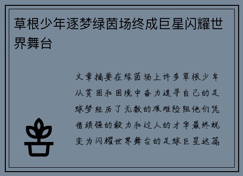 草根少年逐梦绿茵场终成巨星闪耀世界舞台