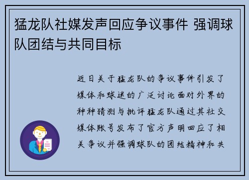 猛龙队社媒发声回应争议事件 强调球队团结与共同目标 猛龙队社媒发声回应争议事件 强调球队团结与共同目标
